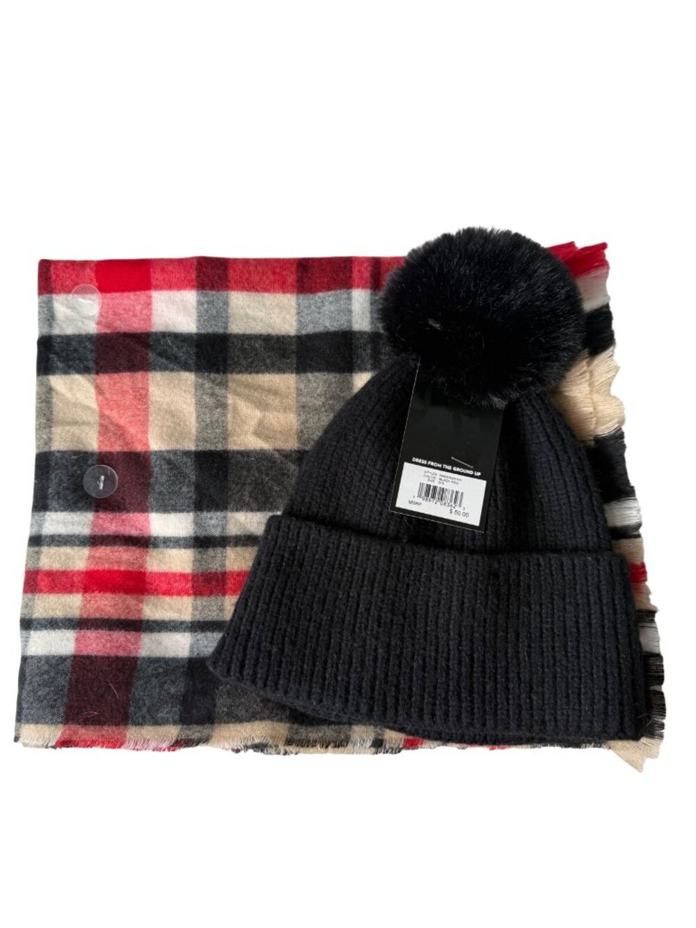 Nine West Women's Winter Gift Set OS Plaid Scarf & Black Faux Fur Pom Beanie NEW
